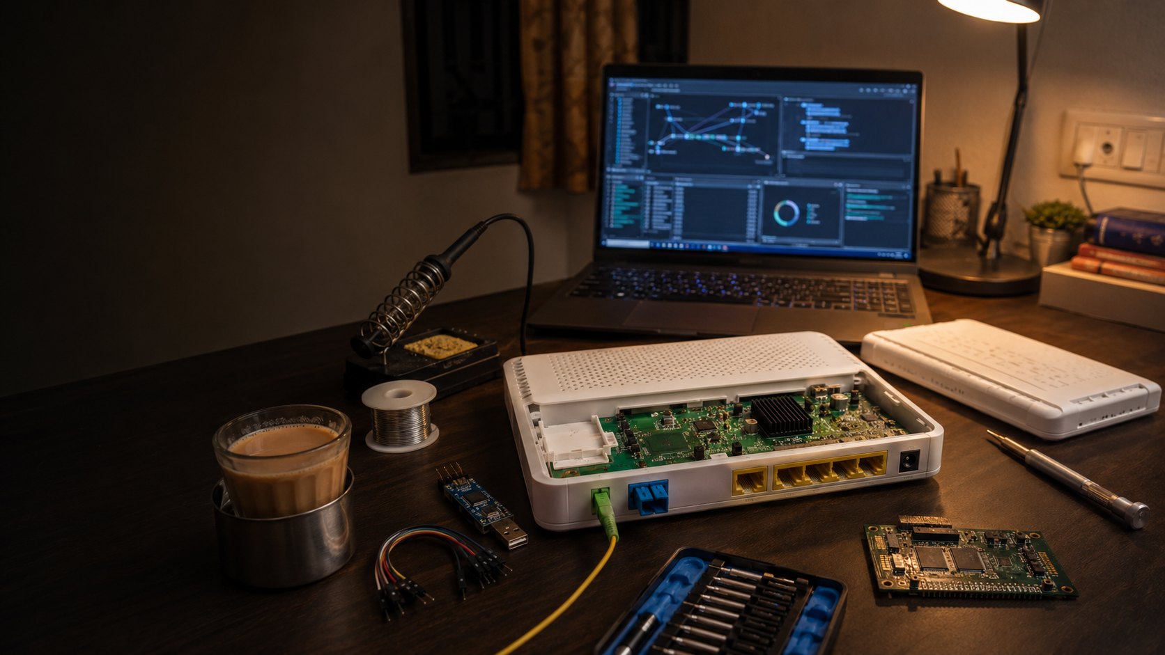 The workbench: GPON ONT opened up, soldering iron hot, masala chai mandatory